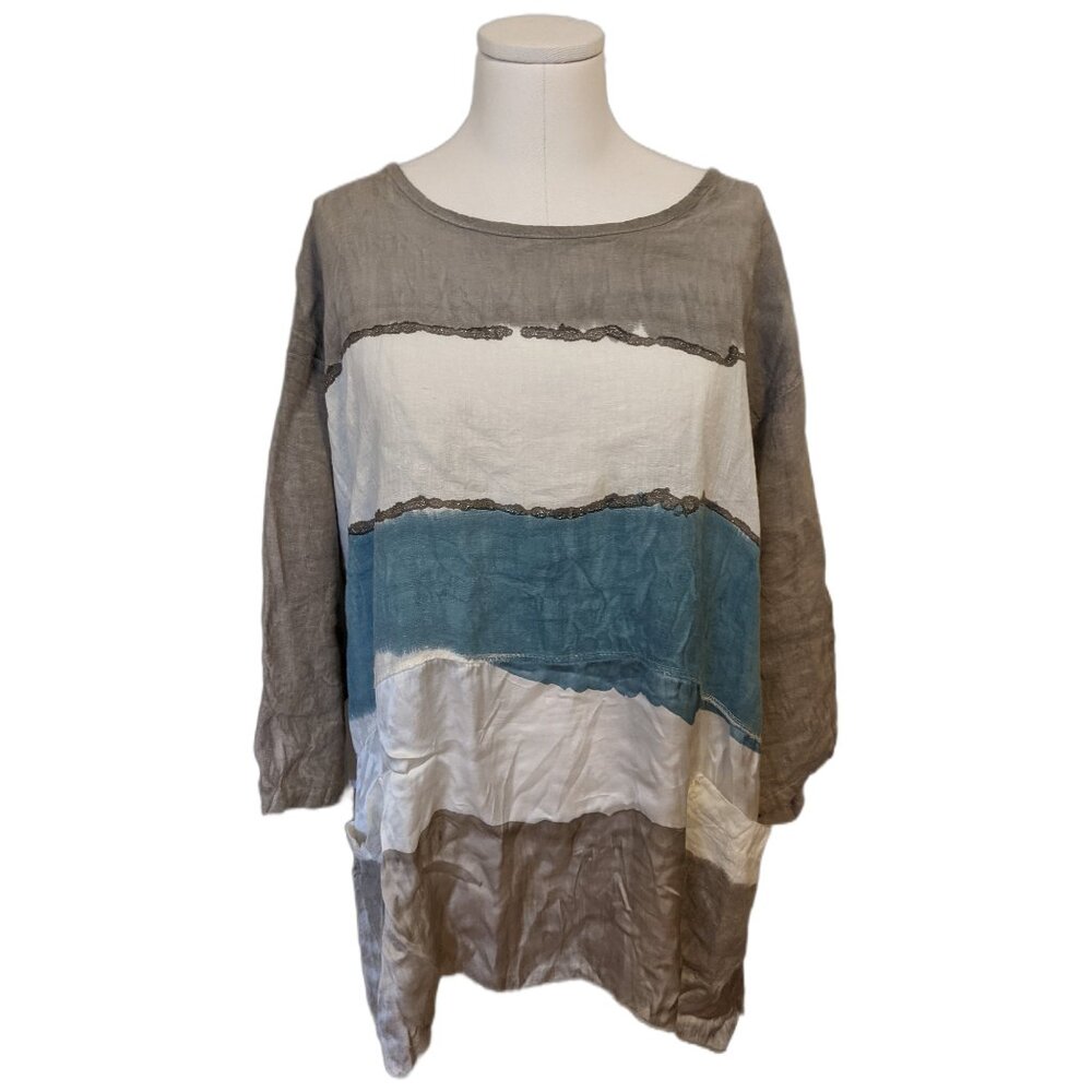 Bella Canore Italy Linen Tunic Top Patchwork Colourblock Lagenlook Glitter Sz XL